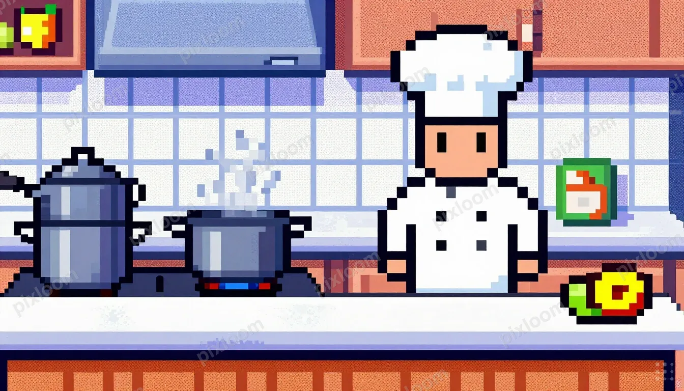 Pixel art kitchen scene with chef character cooking, pots on