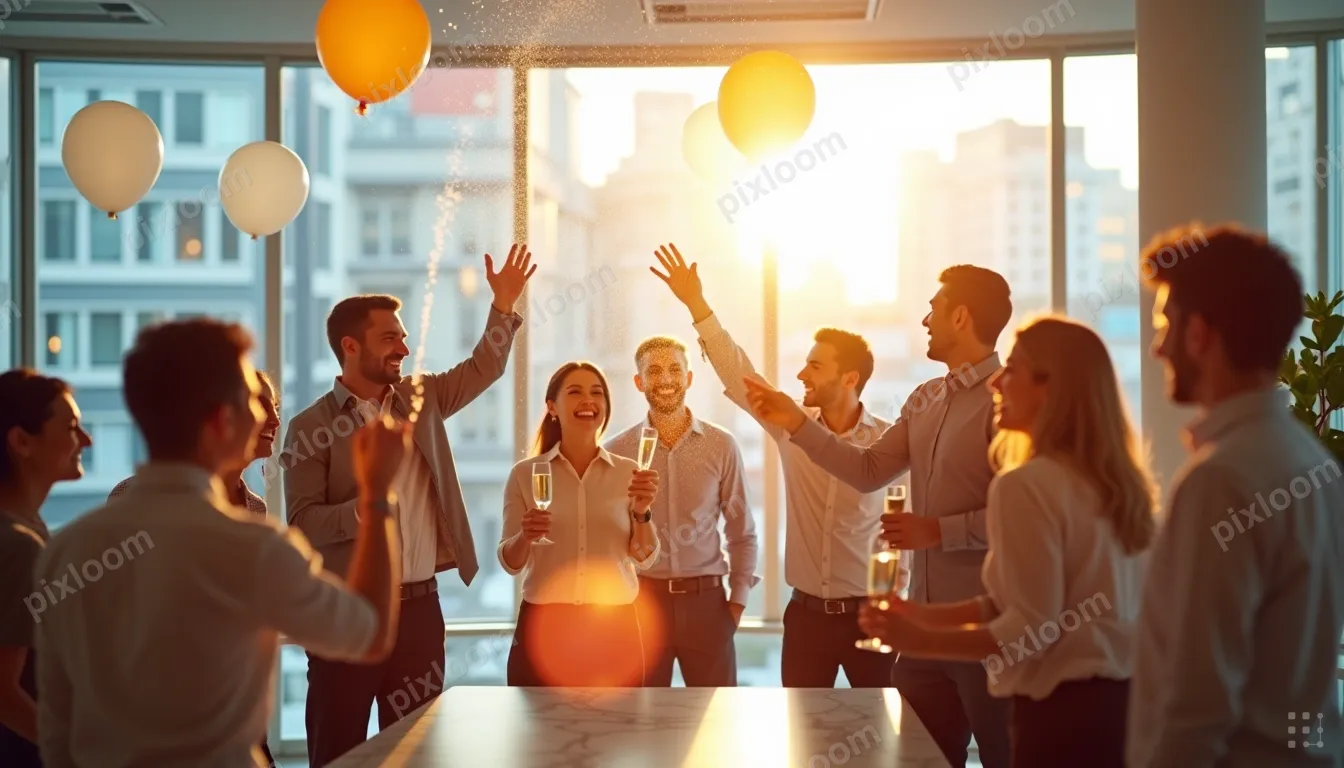 Team celebration in an office, champagne popping, balloons, 