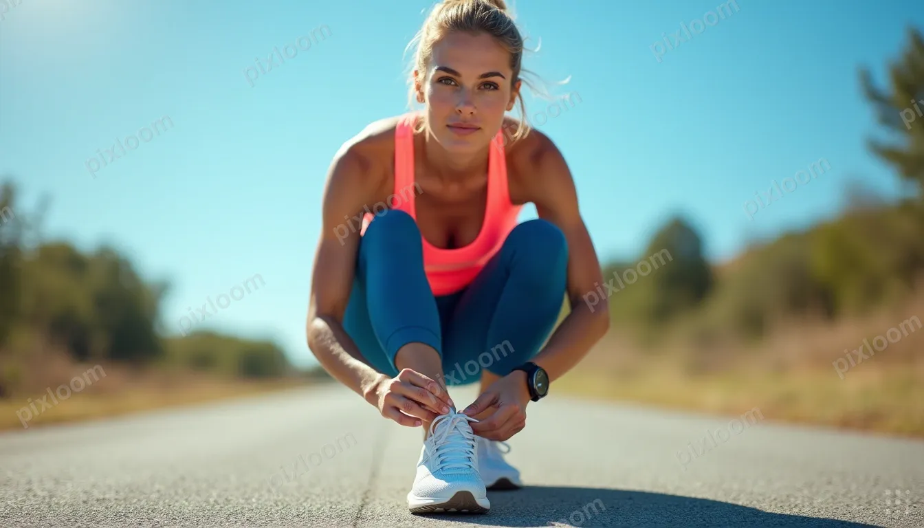A person crouches on a paved outdoor road, tying the laces o
