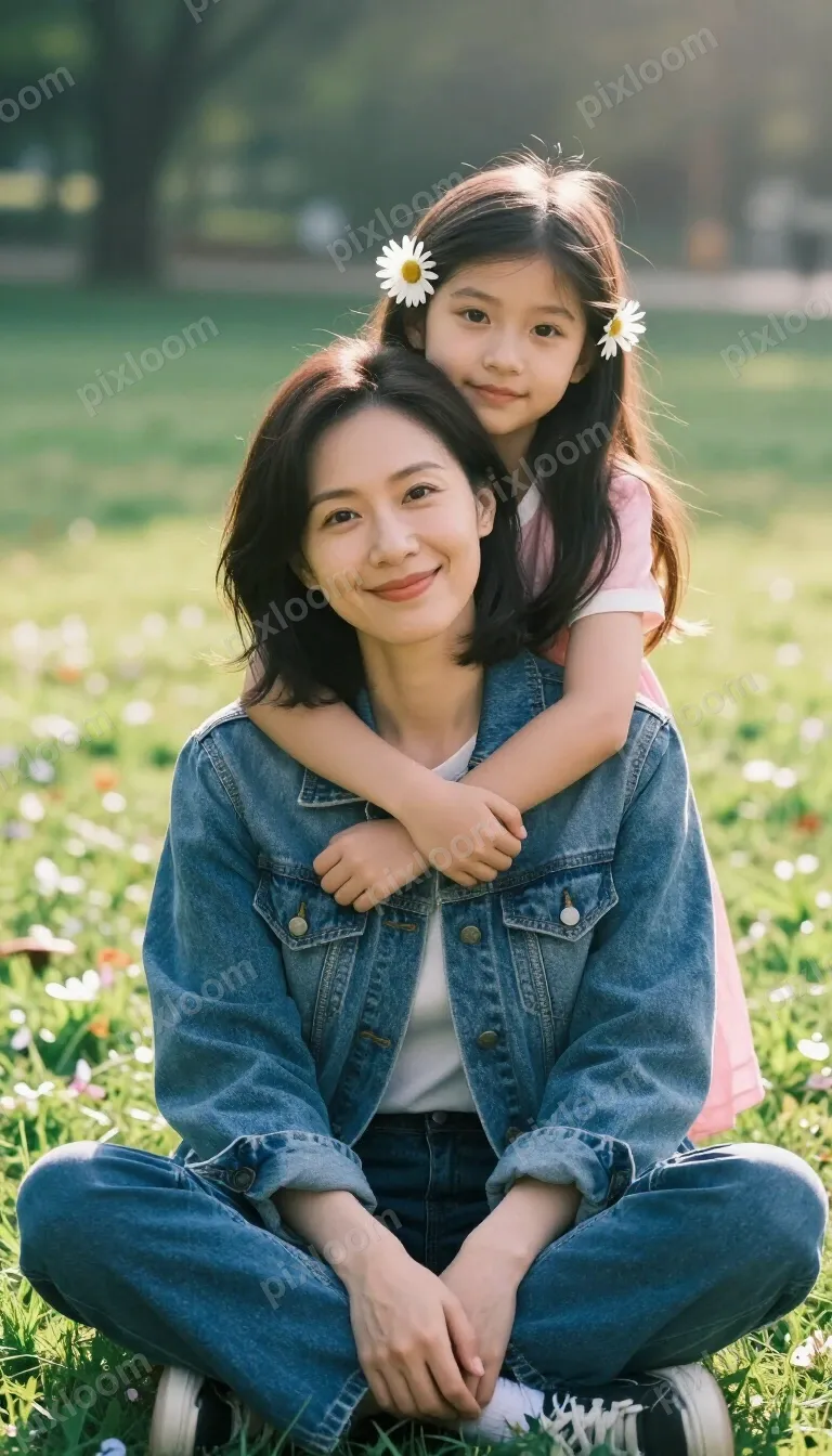 A mom and daughter sit close on the grass in a park. The fro