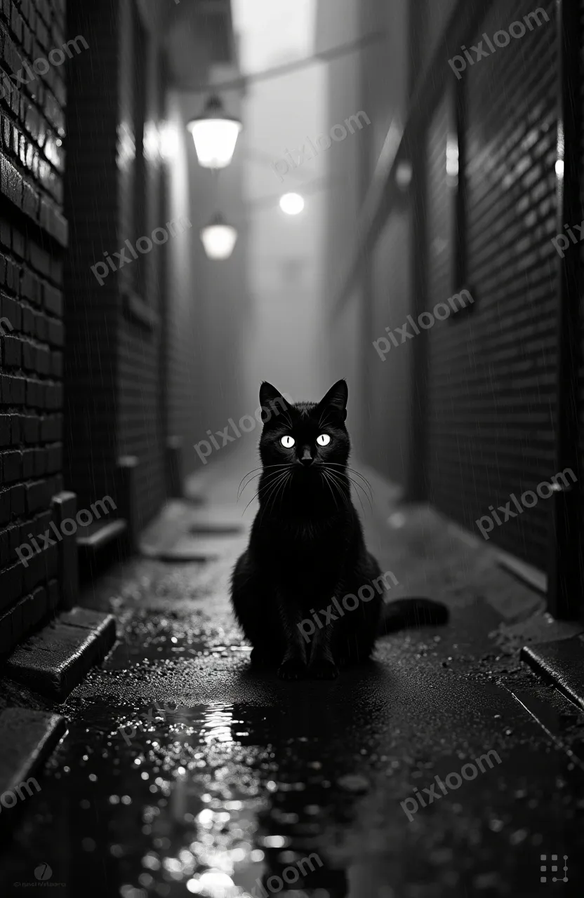 Noir-style black cat in a rainy alley, glowing eyes, puddle 