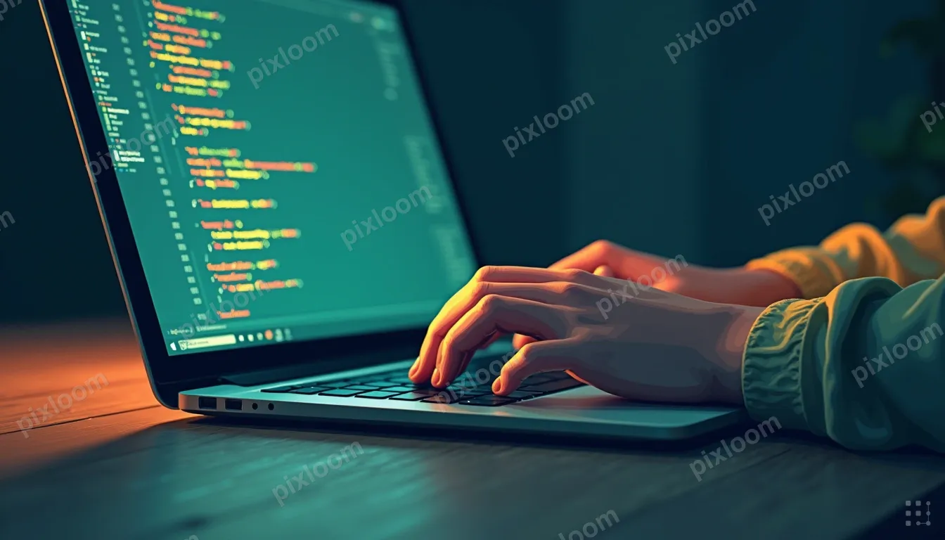 A close-up of hands on a laptop keyboard, slightly blurred, 