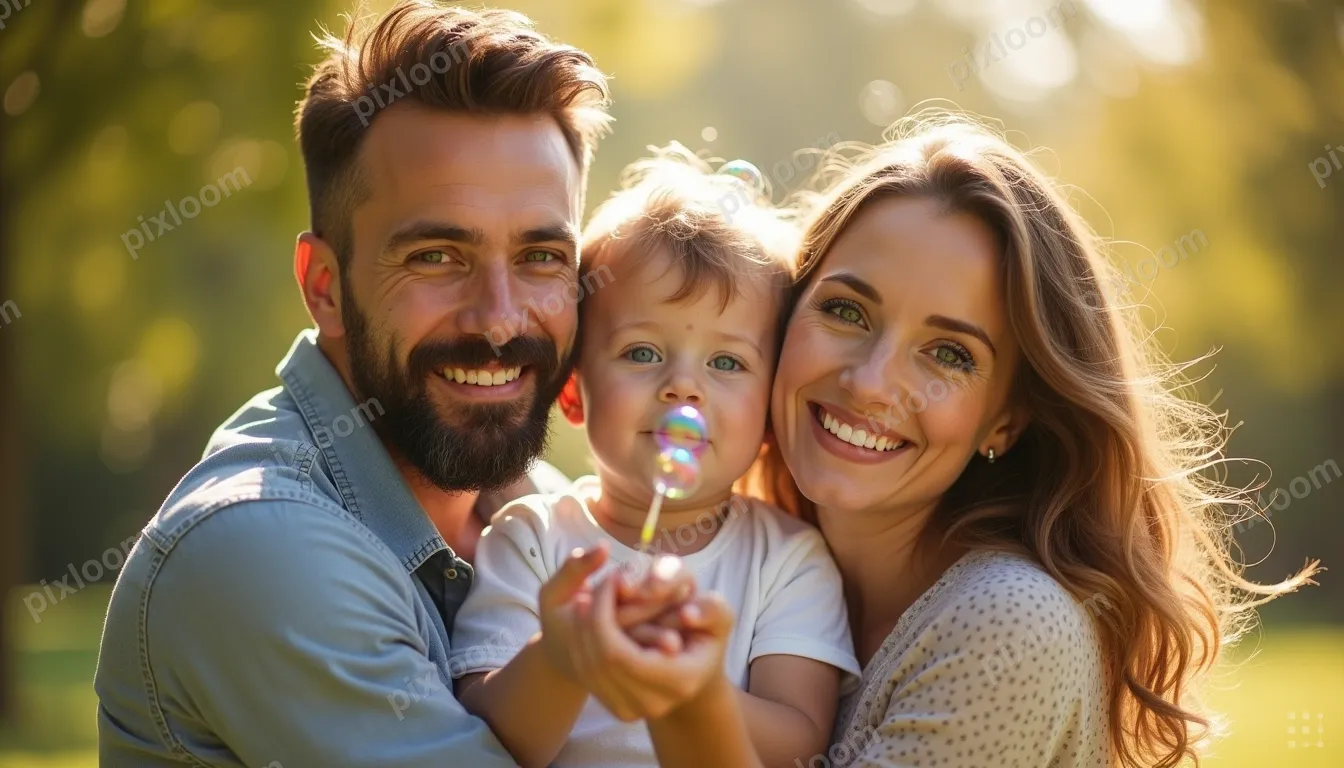 In a sunlit park at eye level, a father with a beard and a m