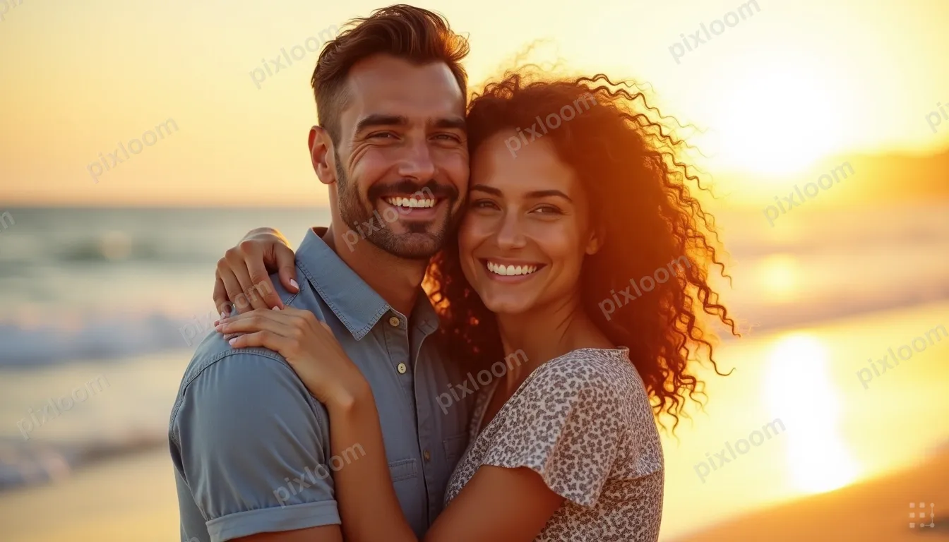 Two adults, a man and a woman, embrace and smile on a beach 