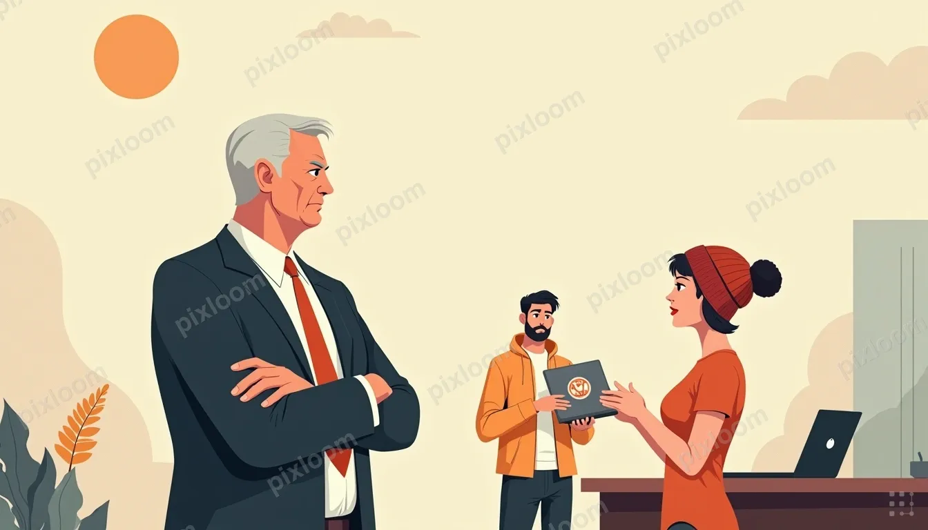 An older man in a suit stands with arms crossed and a stern 