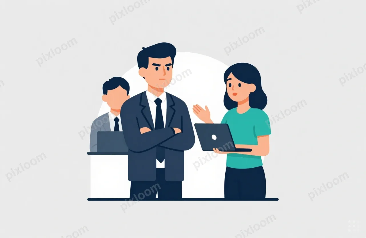 An older man in a suit stands with arms crossed, a stern exp
