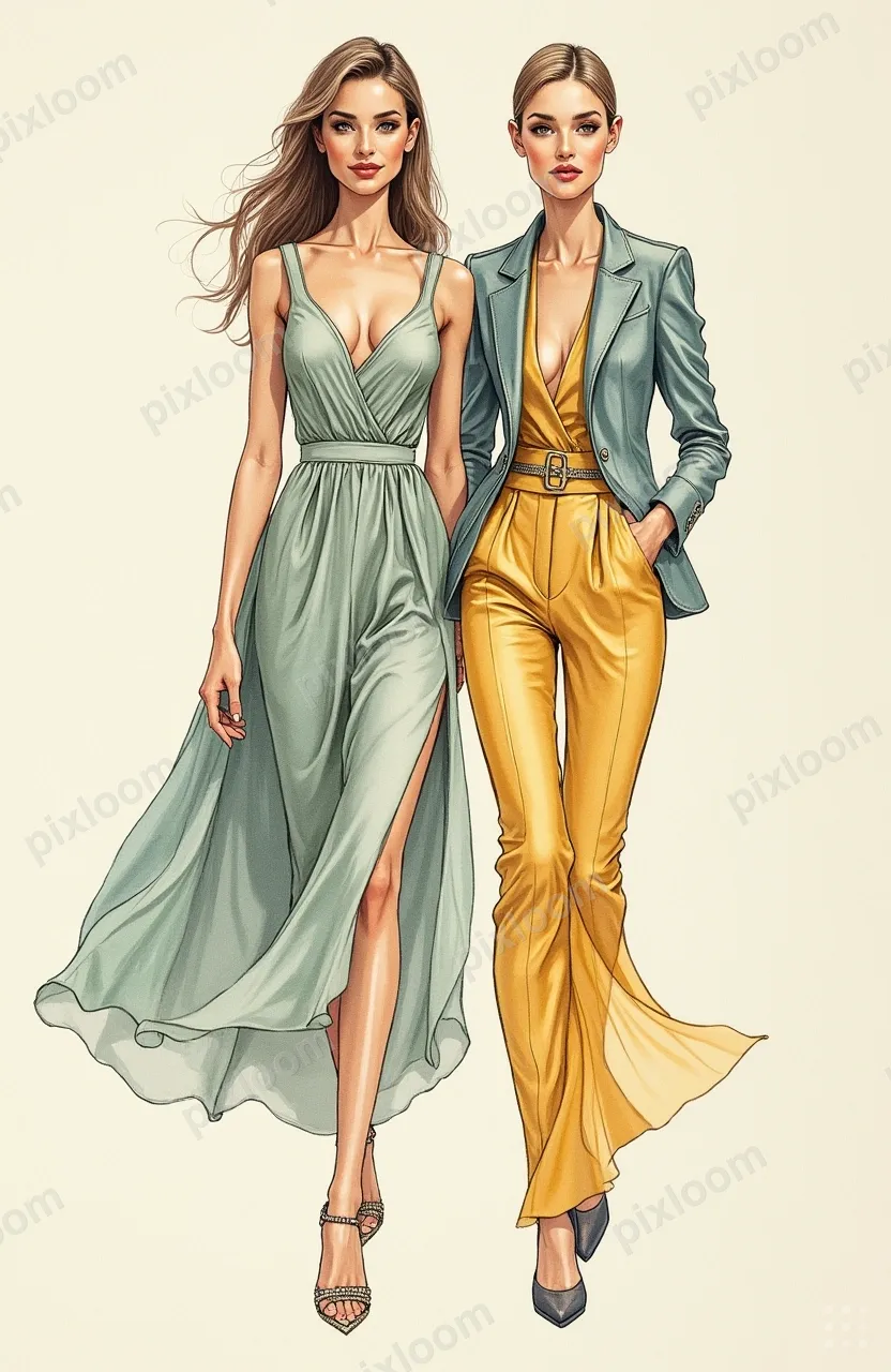 Fashion sketch of stylish mother and daughter in matching ou