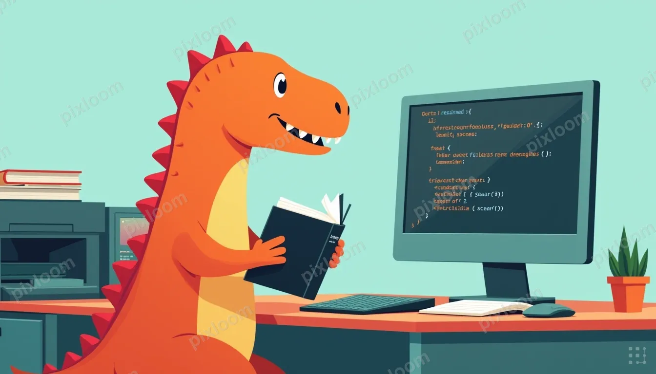 An orange dinosaur sits at a desk, reading a book titled LEA