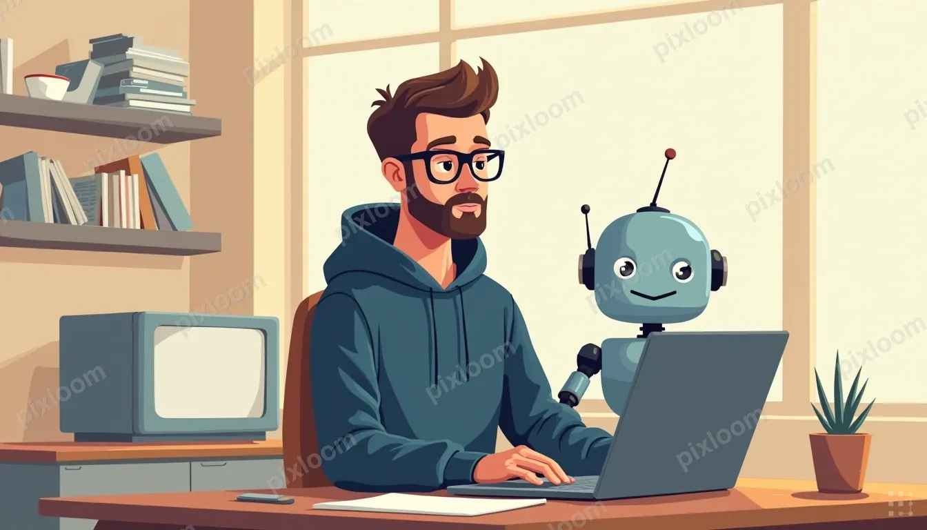 A man with glasses and a beard sits at a desk, typing on a l