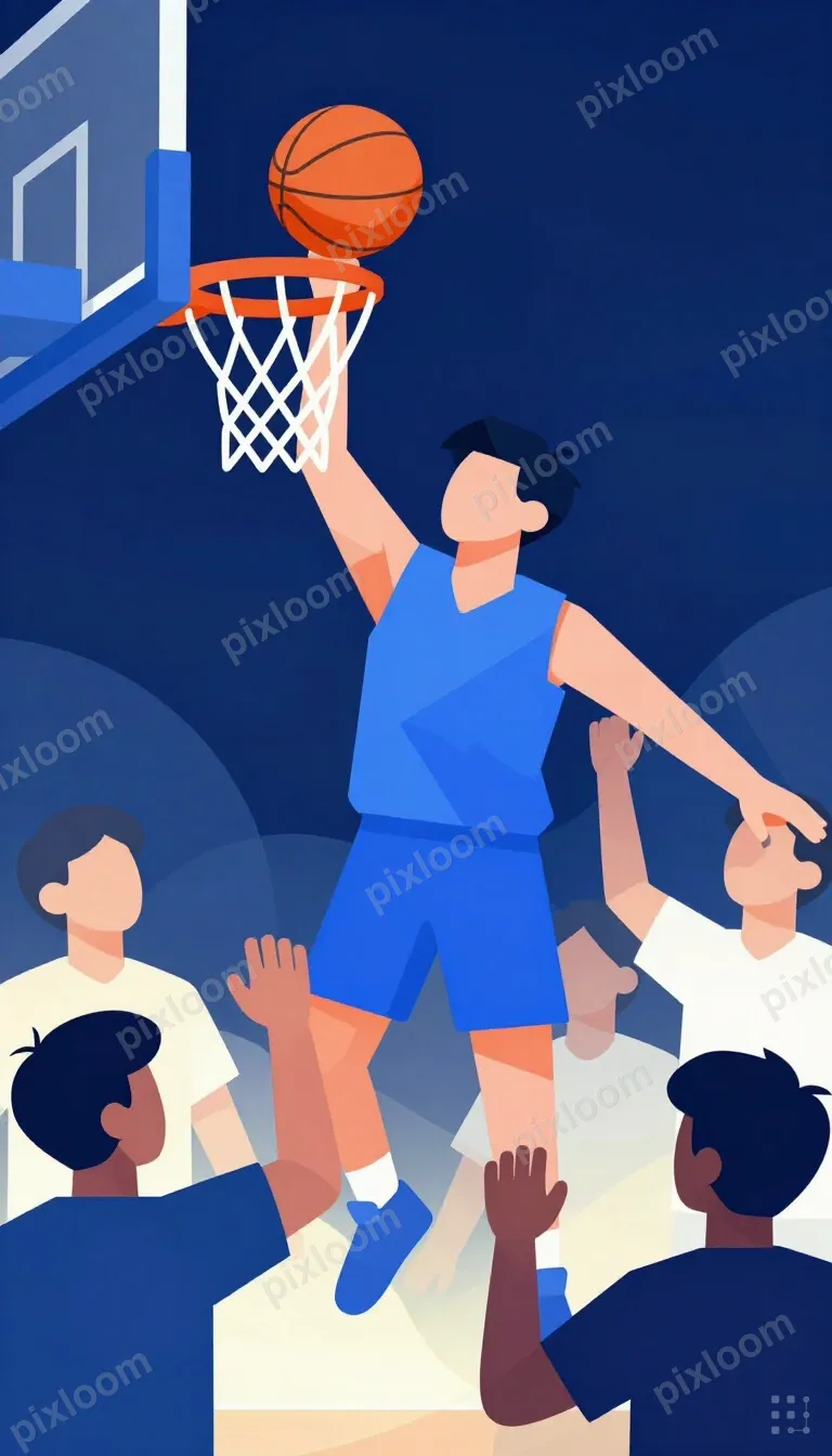 Comic-teens style basketball game scene, player going for a 