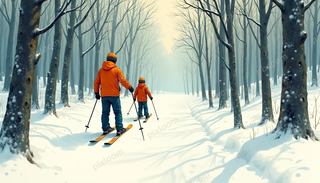 Rear view of a man and a boy skiing downhill through fresh p