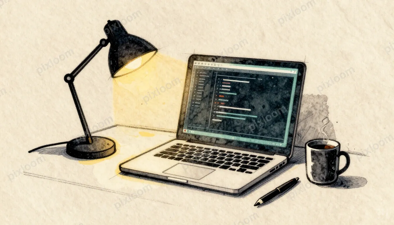 A laptop on a minimal desk at night. The screen glows with a