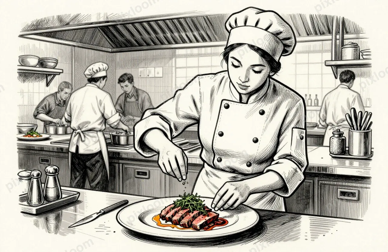 A female chef in a chef's jacket and a head wrap garnishes a