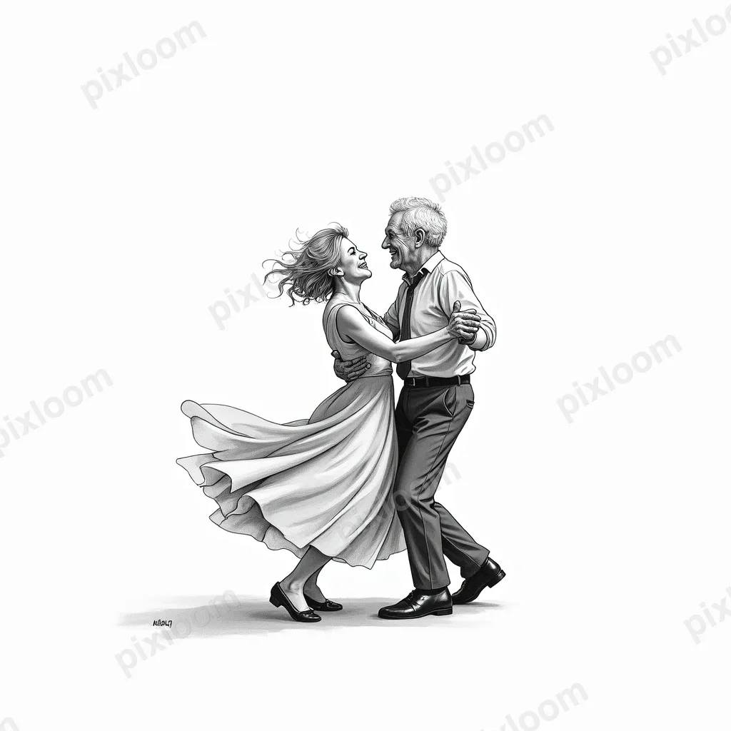 Line art of an elderly couple dancing, flowing continuous in