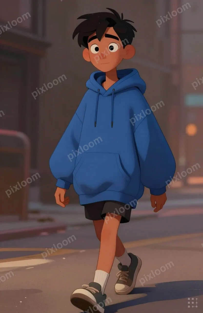 Fashion sketch of teen street style, oversized blue hoodie, 
