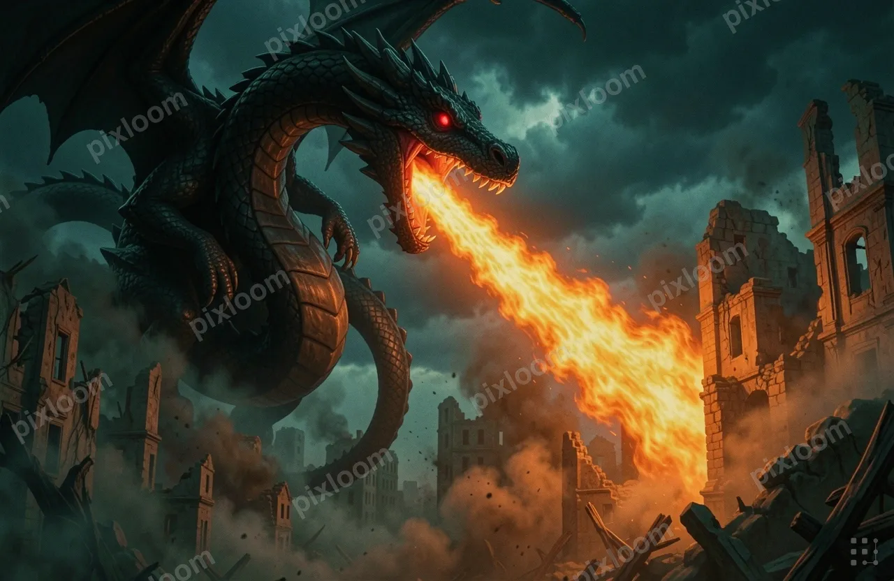 A colossal black dragon coils above a ruined city, its red e