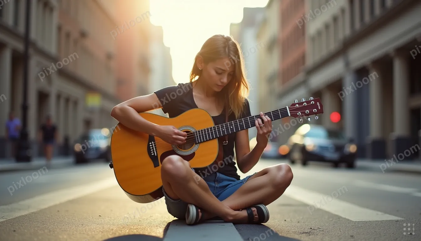 A person sits on a curb of a city street, playing an acousti
