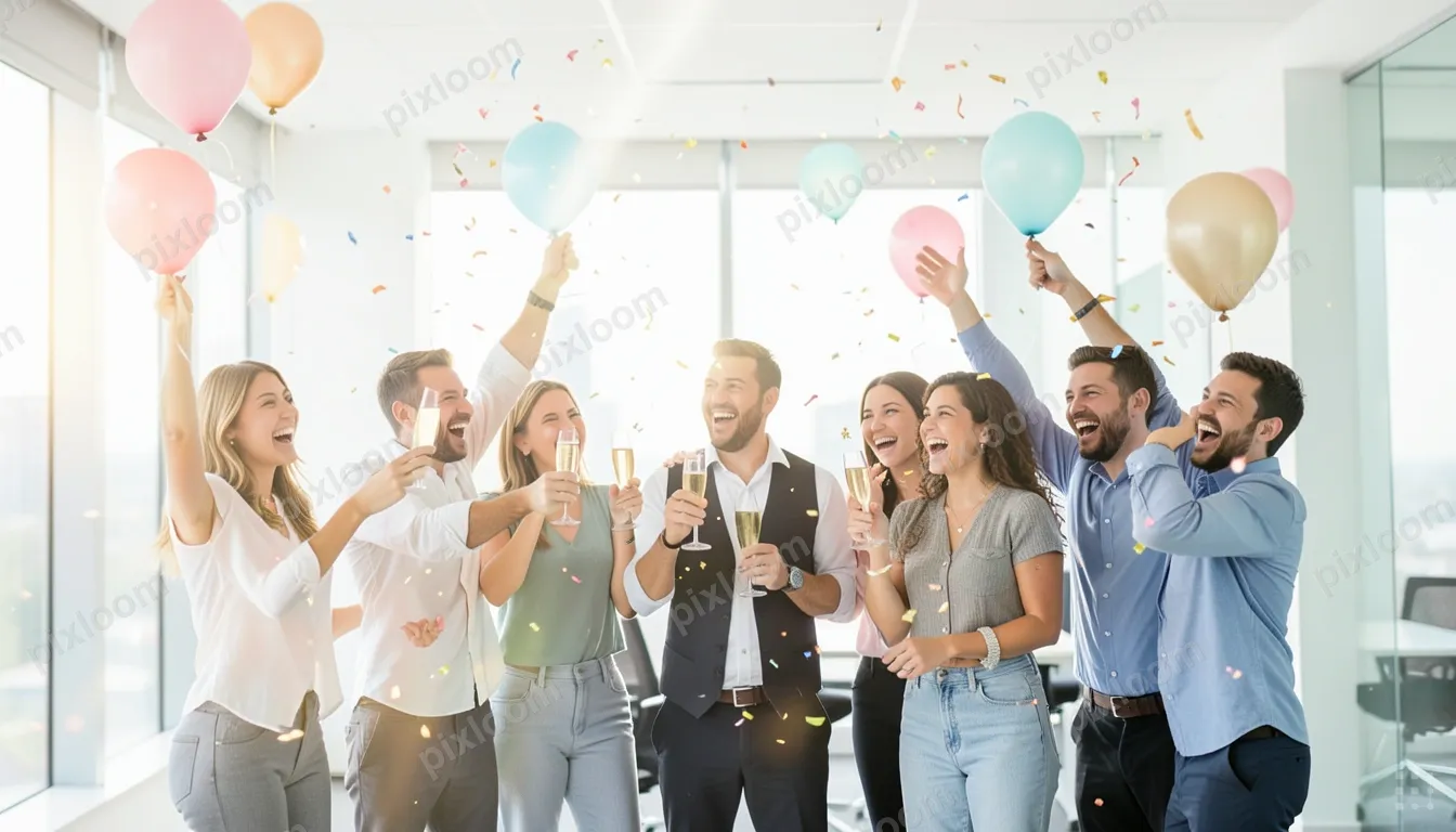 Team celebration in an office, champagne popping, balloons, 