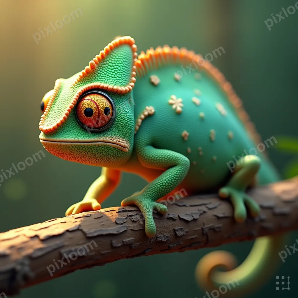 3D rendered chameleon on a branch, color-shifting skin, stud