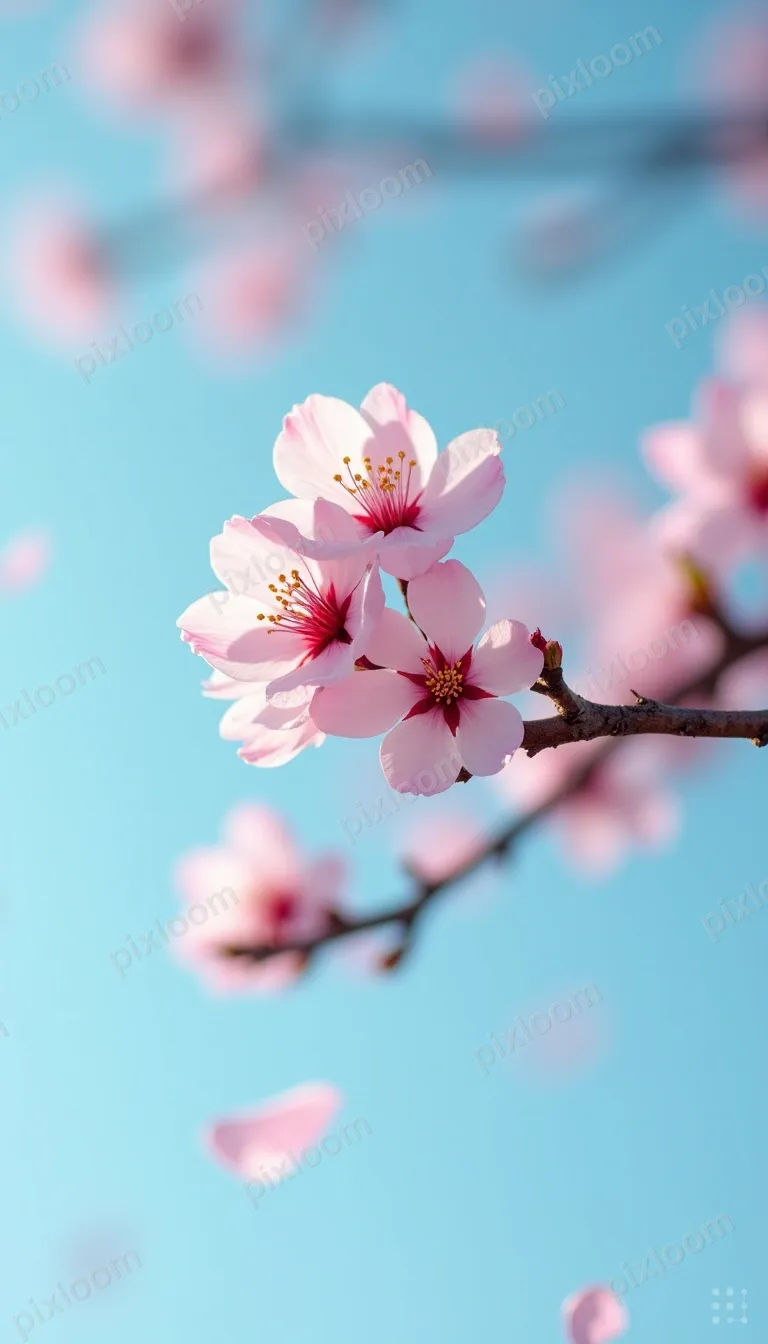Spring cherry blossom branch against clear blue sky, petals 