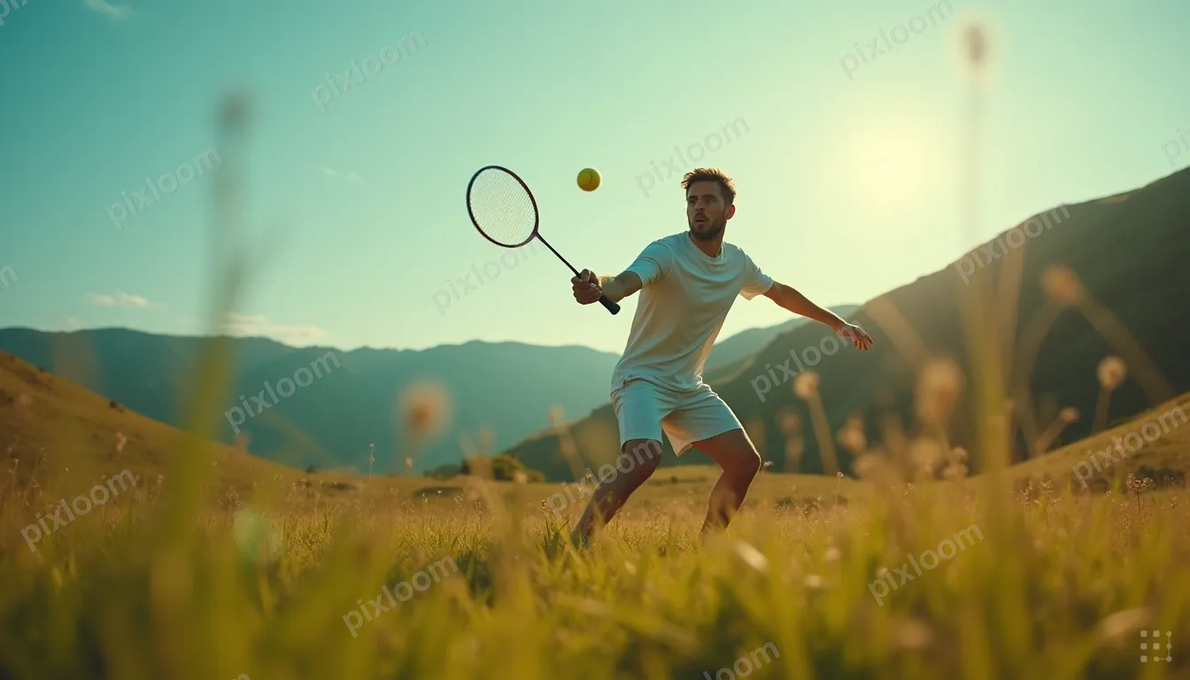 a man play badminton on a hill