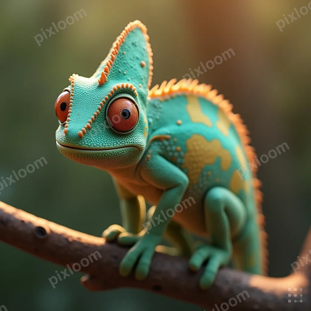 3D rendered chameleon on a branch, color-shifting skin, stud