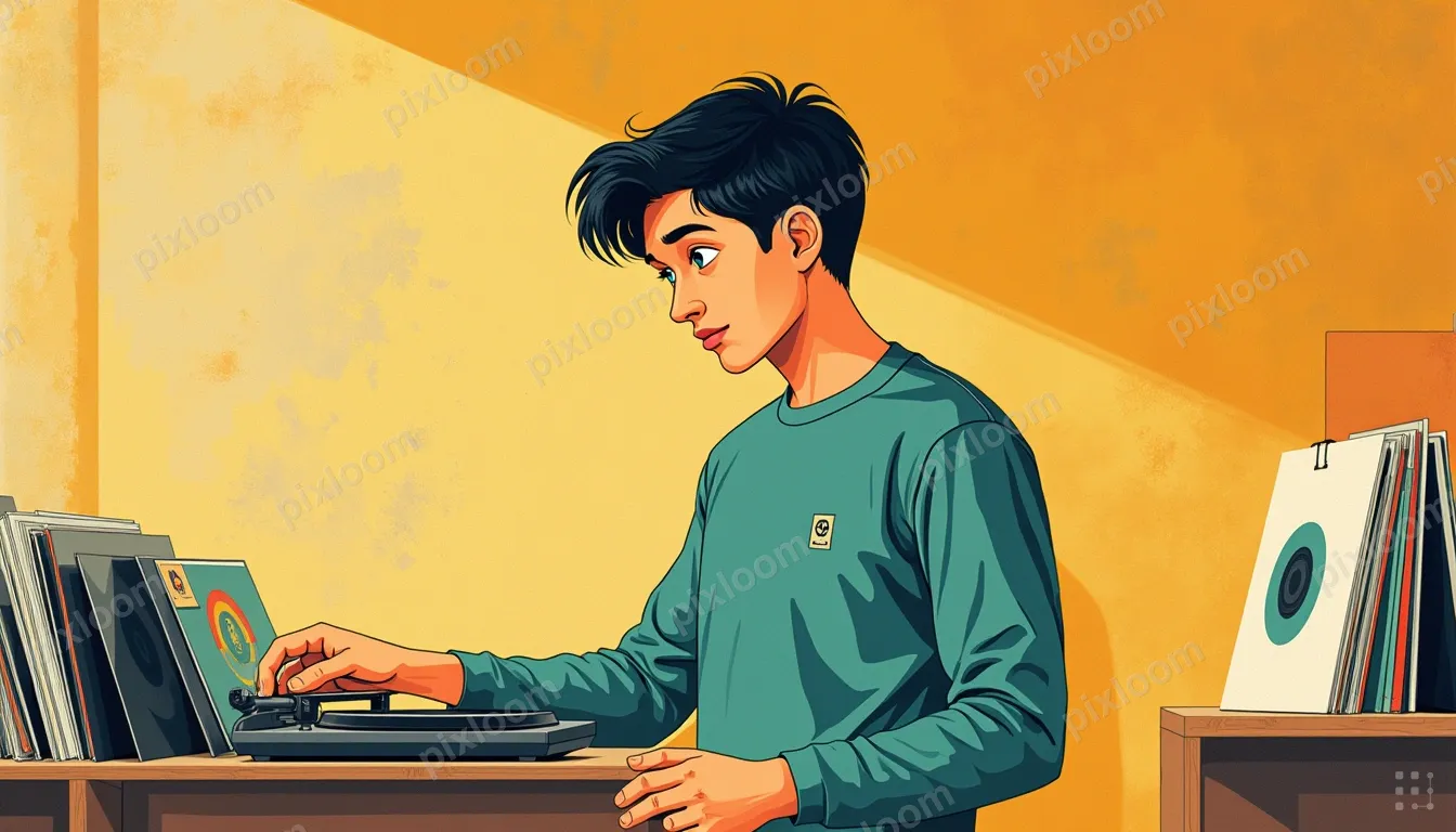 Retro editorial illustration of a teen record shop scene, vi