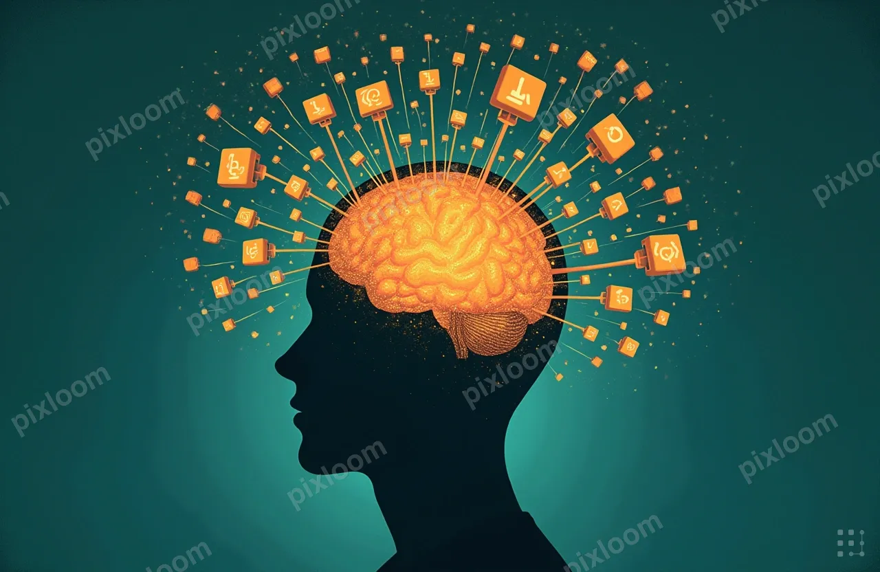 A human brain illustration with dozens of tiny glowing 
scre