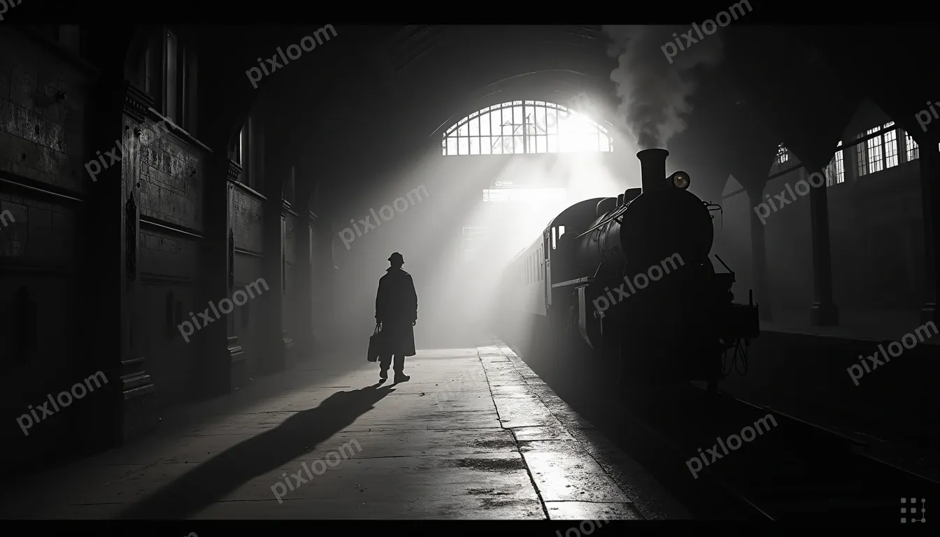 Noir-style train station platform, steam from locomotive, lo