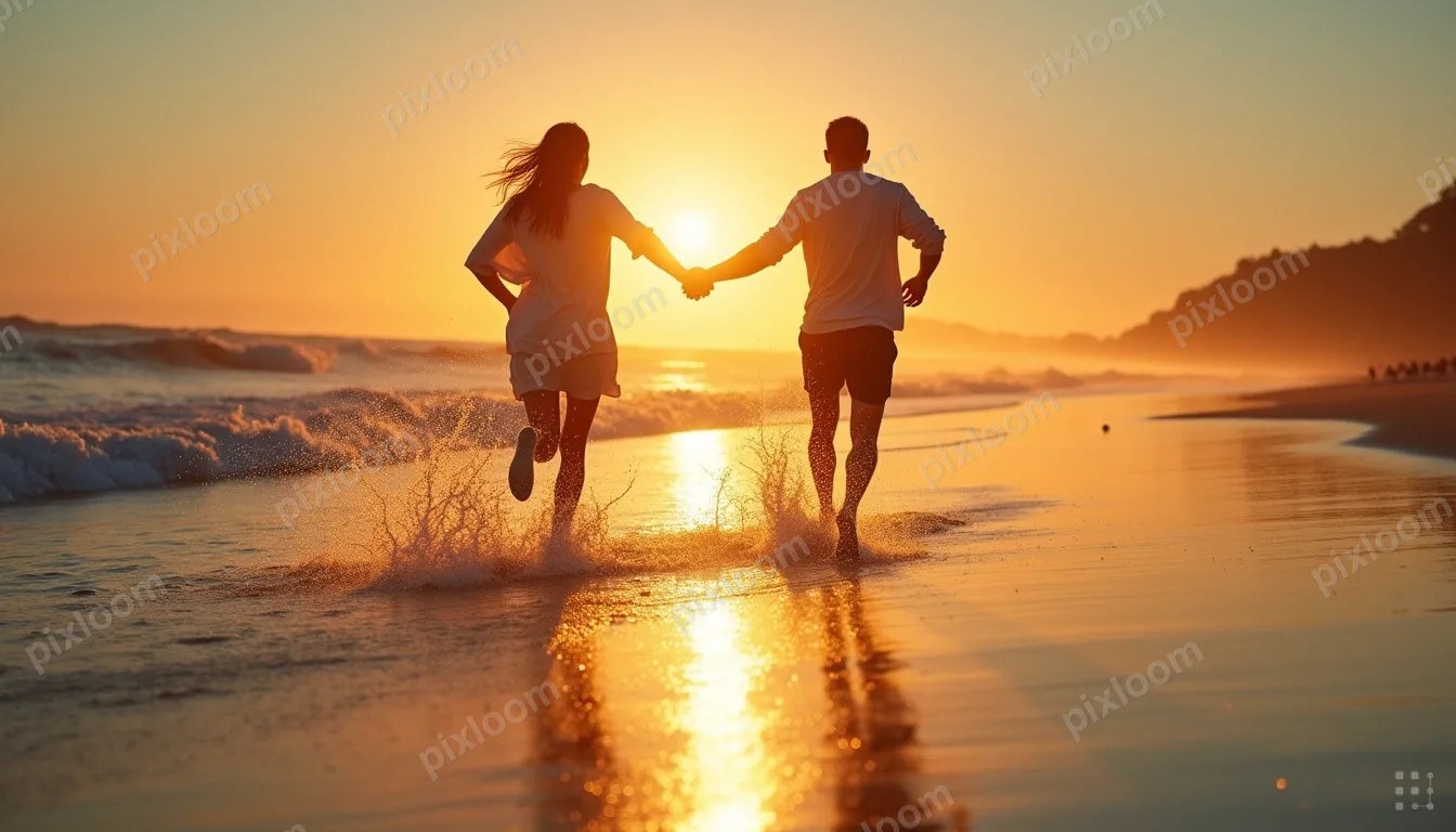 A man and a woman run hand-in-hand along a wet beach at suns