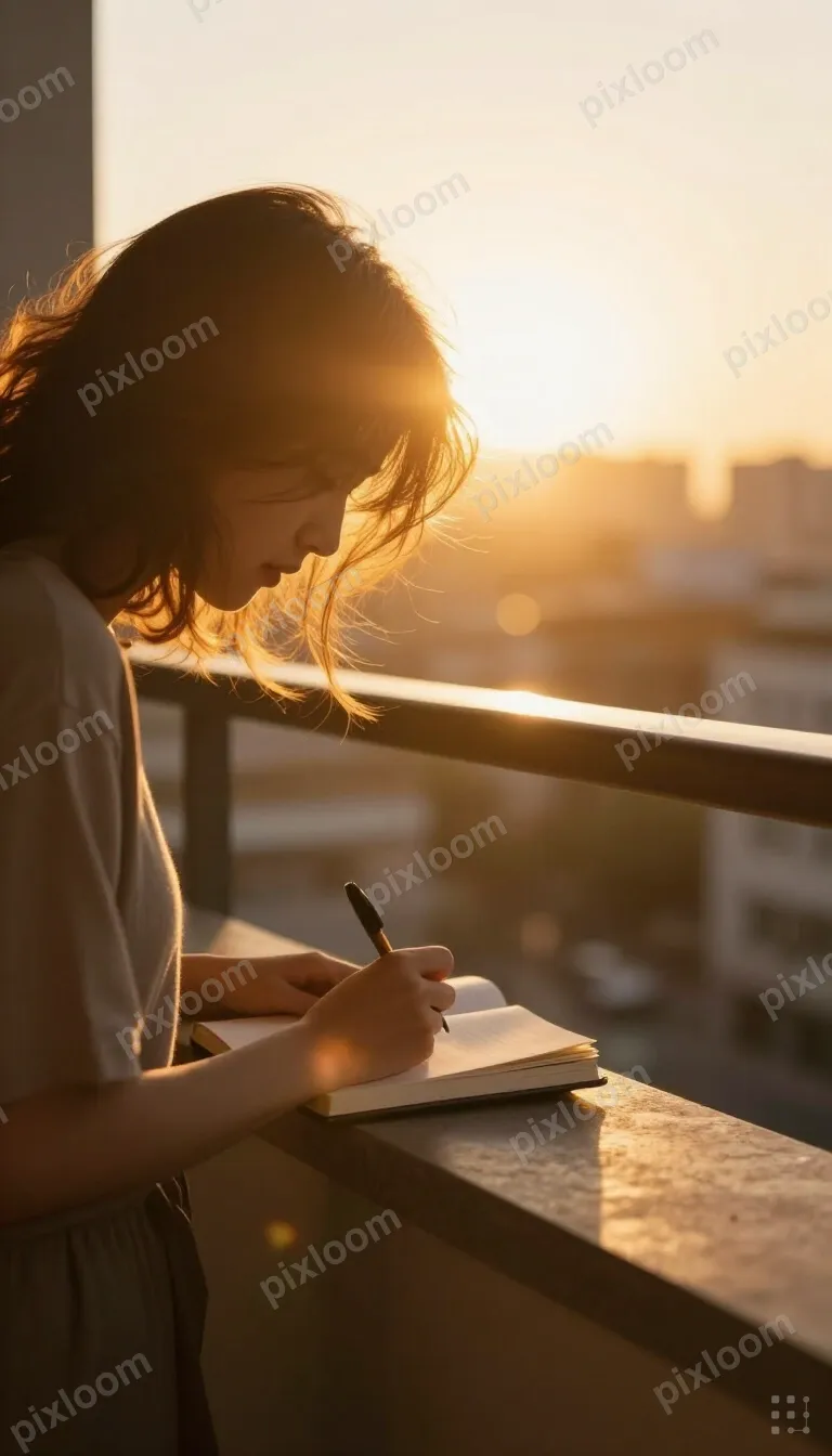 Person writing in a journal at sunrise, balcony overlooking 