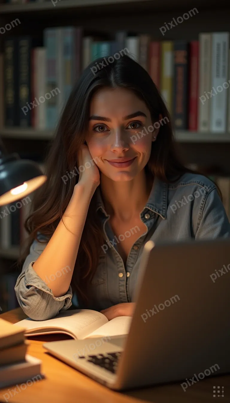 College student studying in a library, stack of books, lapto