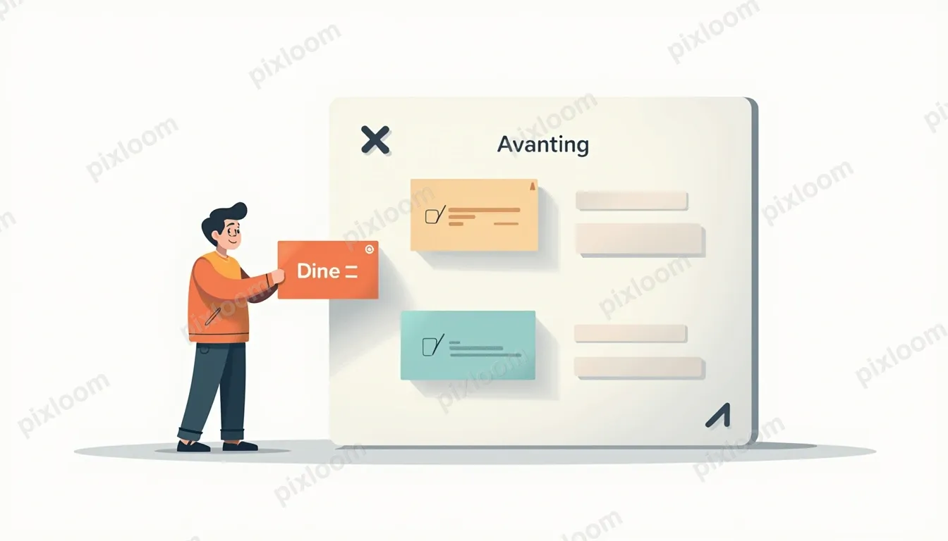Vector flat illustration of a kanban board with a tiny perso