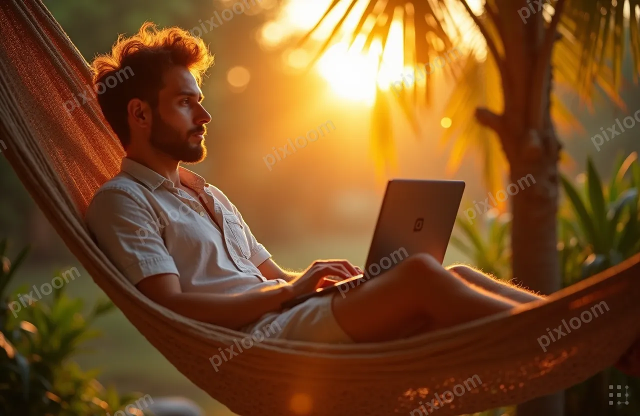 Freelancer working from a hammock with laptop, tropical gard