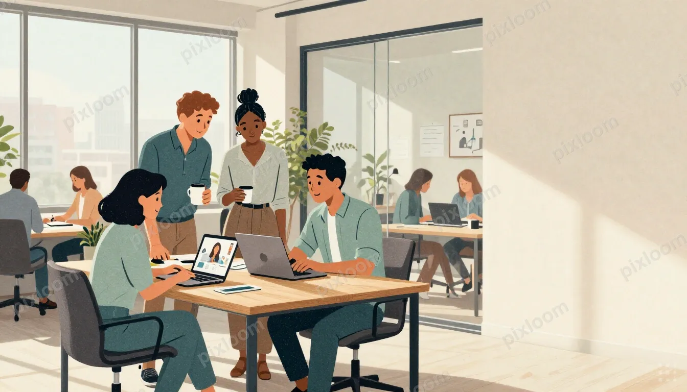 A bright, modern open-plan office, shot in natural daylight.
