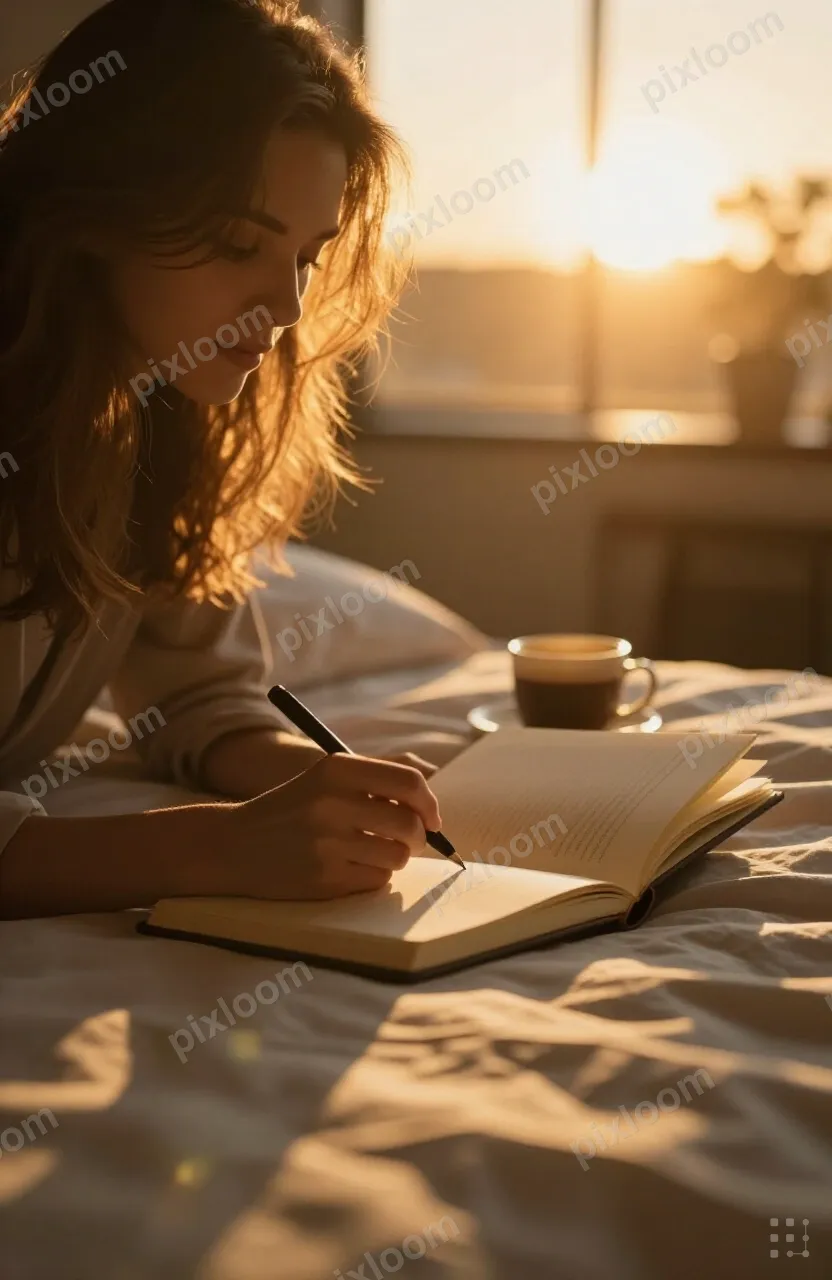 Woman journaling in bed with morning coffee, cozy pillows, p
