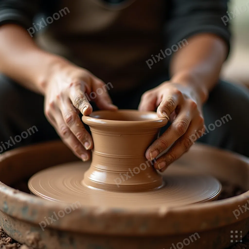 Close-up hands of a potter shaping clay on a wheel, earthy t