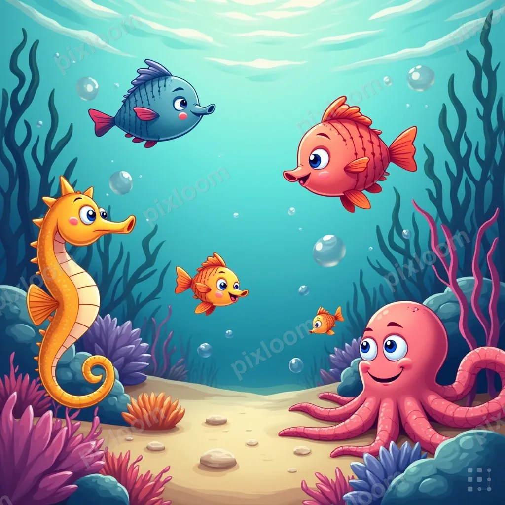 Cartoon underwater coral garden with colorful fish, seahorse