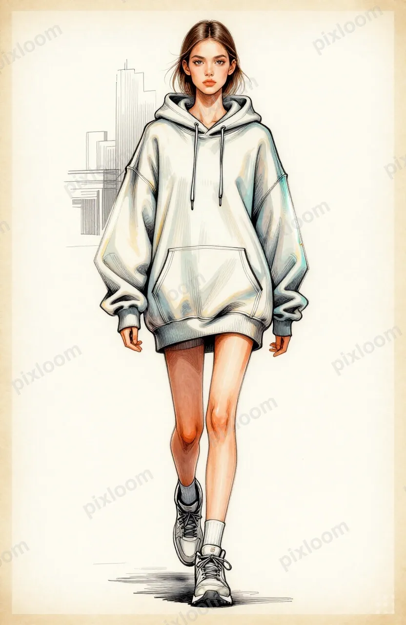 Fashion sketch of teen street style, oversized hoodie, sneak