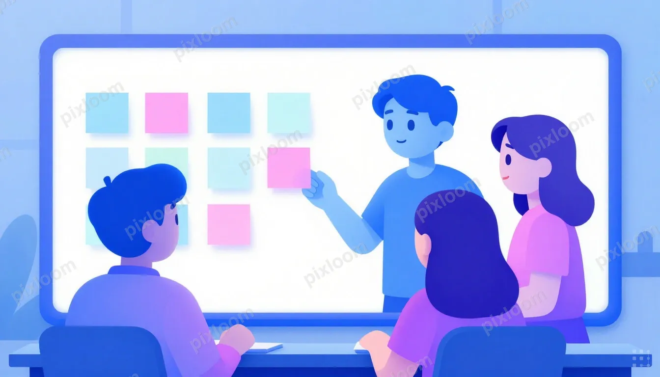 Team of four collaborating around a whiteboard in a glass-wa