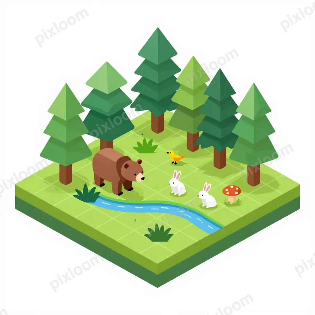 Isometric wildlife scene — forest clearing with bear, rabbit