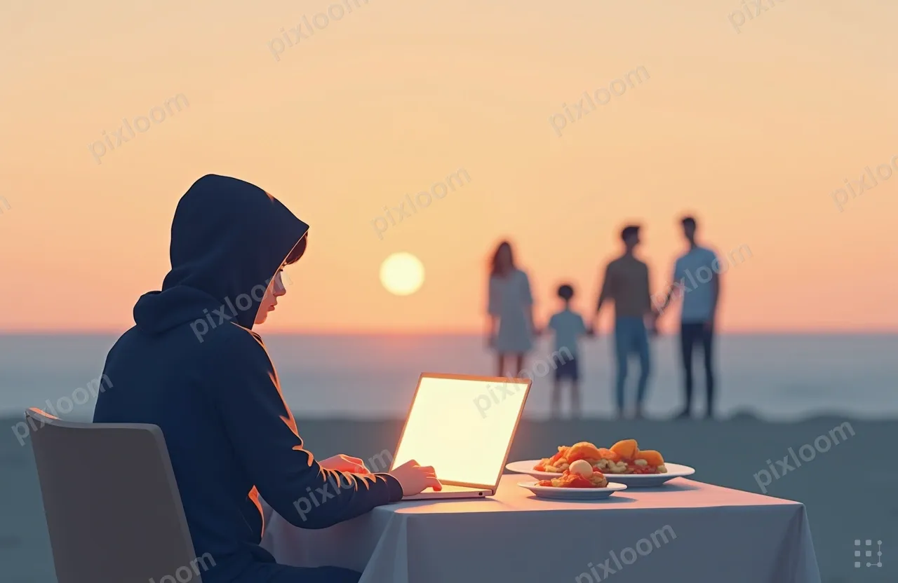 A person in a dark hoodie at a dinner table, family 
blurred