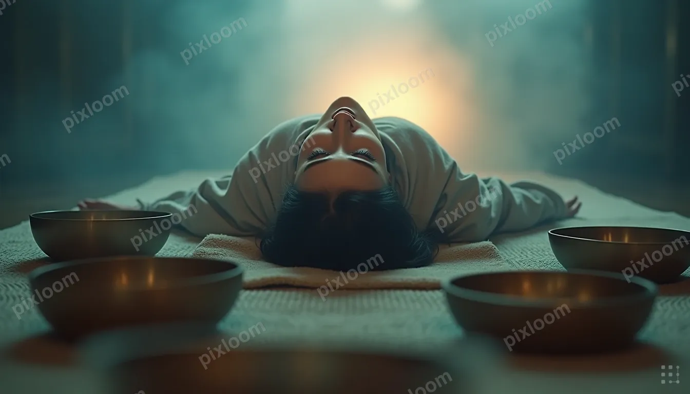 Person in a sound bath healing session, tibetan bowls, lying