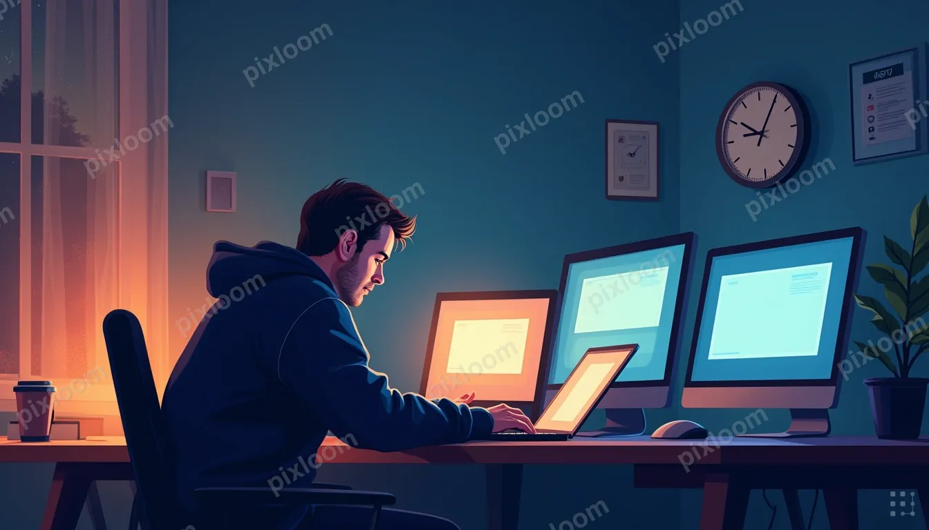 A middle aged person in a hoddie hunched over a laptop late 