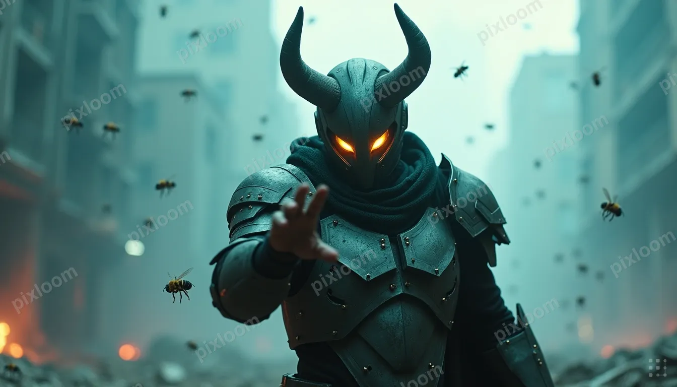 A futuristic armored warrior with a horned helmet and a mask