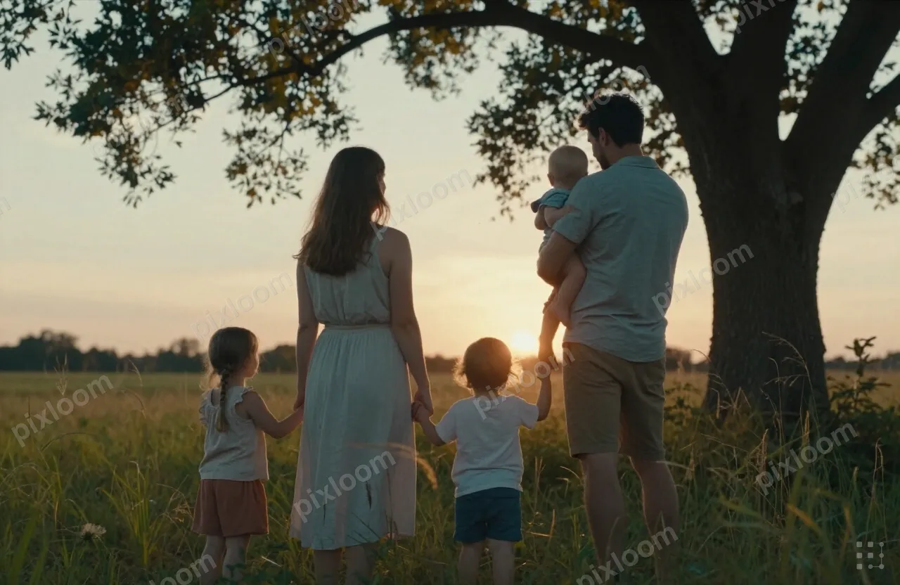 A mother, father, young girl, and infant stand hand in hand 