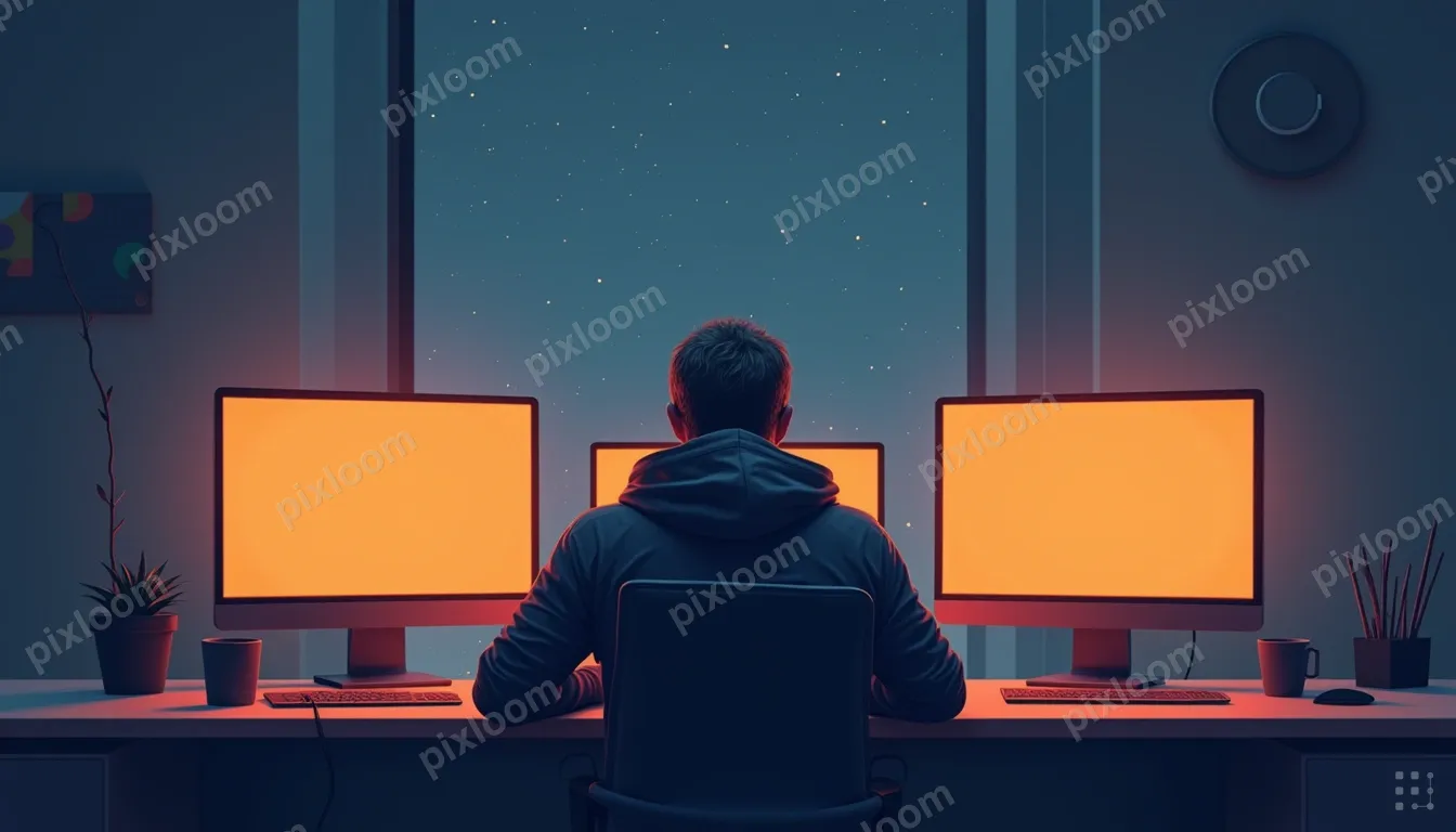 A middle aged person in a dark hoodie hunched over a glowing