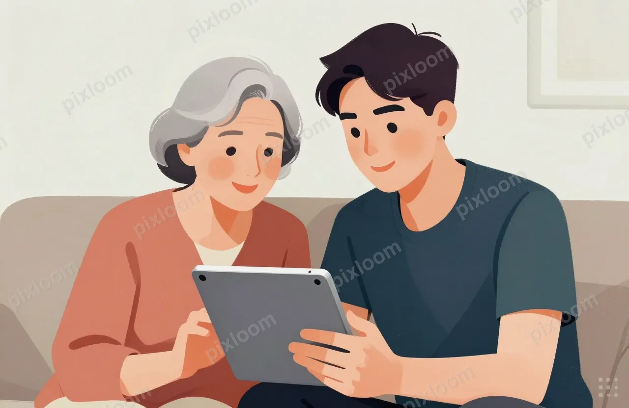 Teen teaching grandparent to use a tablet, patient smile, li