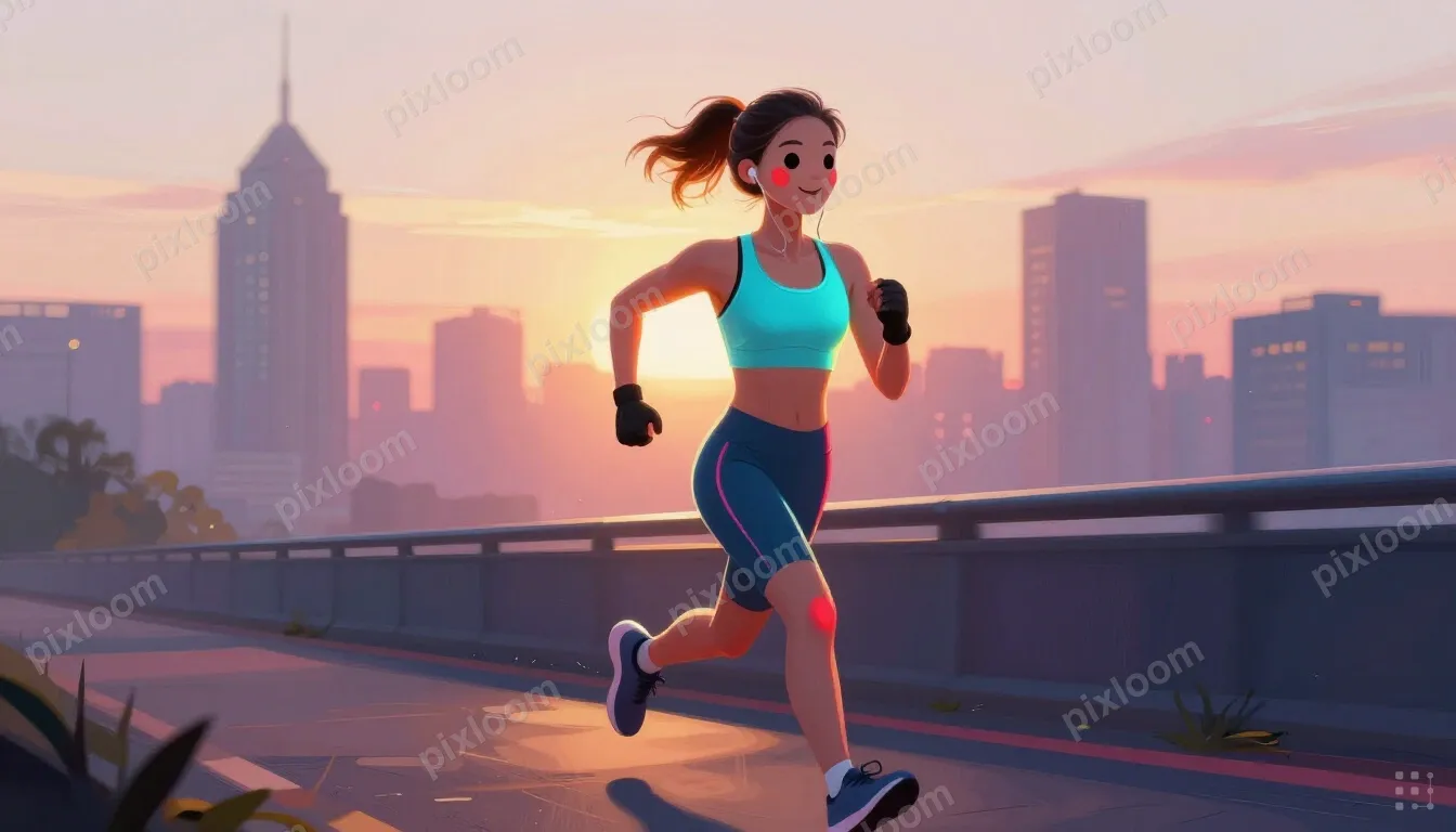 Athletic woman running along a city trail at sunrise, wearin