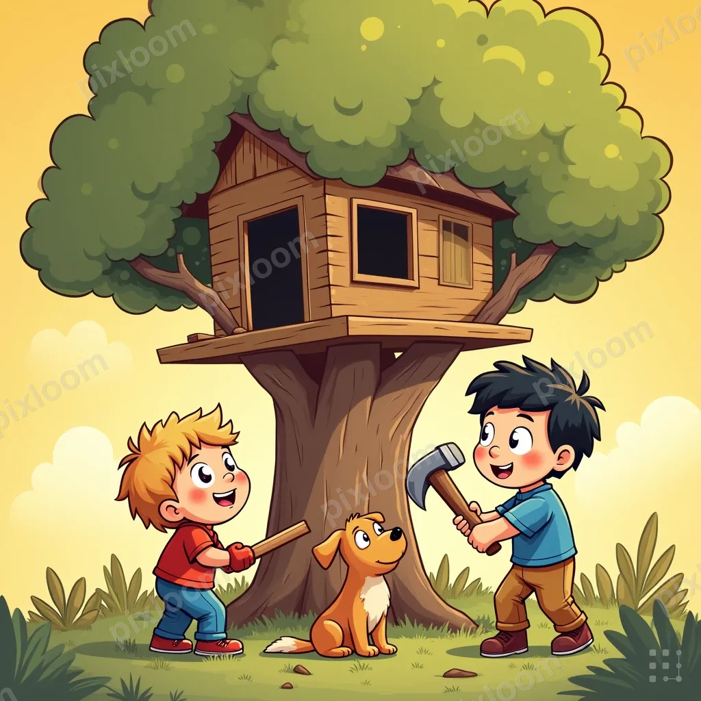 Comic-style kids building a treehouse, one kid hammering, on